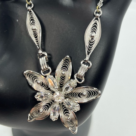 Am Lee sterling silver filigree rhinestone flower adjustable necklace rope chain - Picture 2 of 13